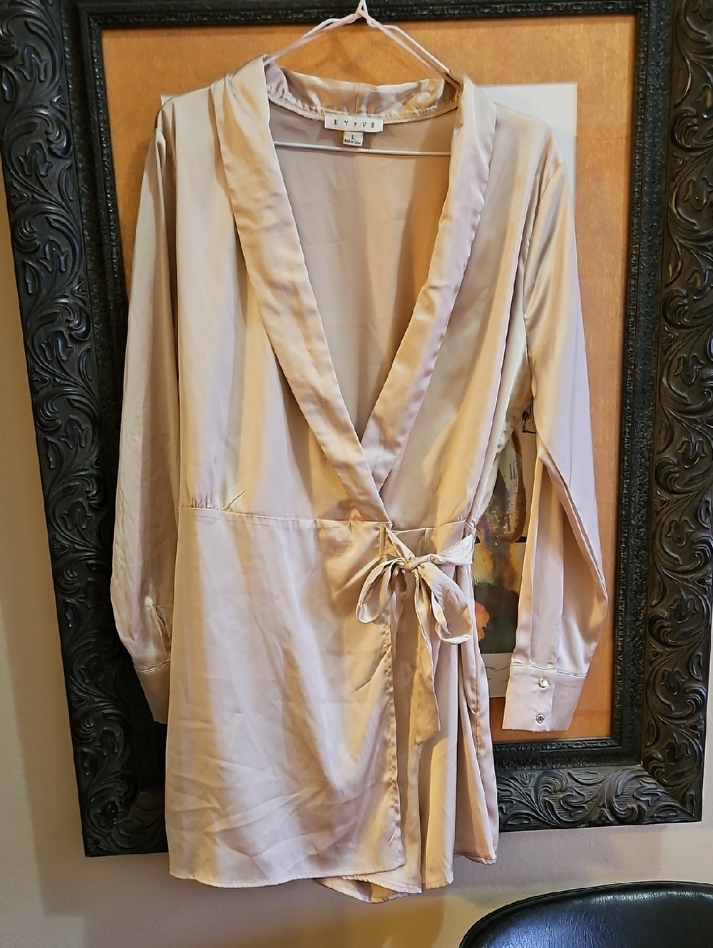 4/$10 HYFVE Satin Wrap Romper in Champagne Beige